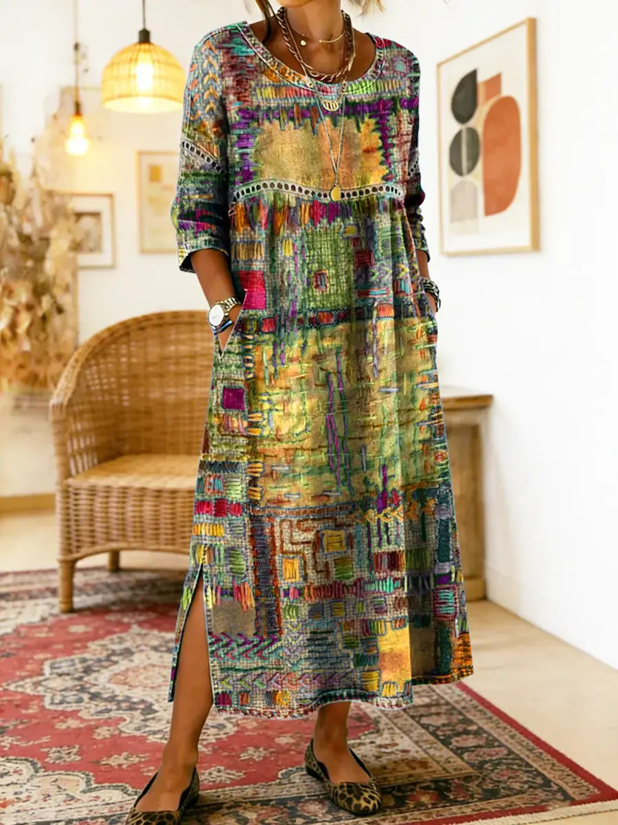 Patchwork Print Round Neck Pocket A-Line Maxi Dress 7