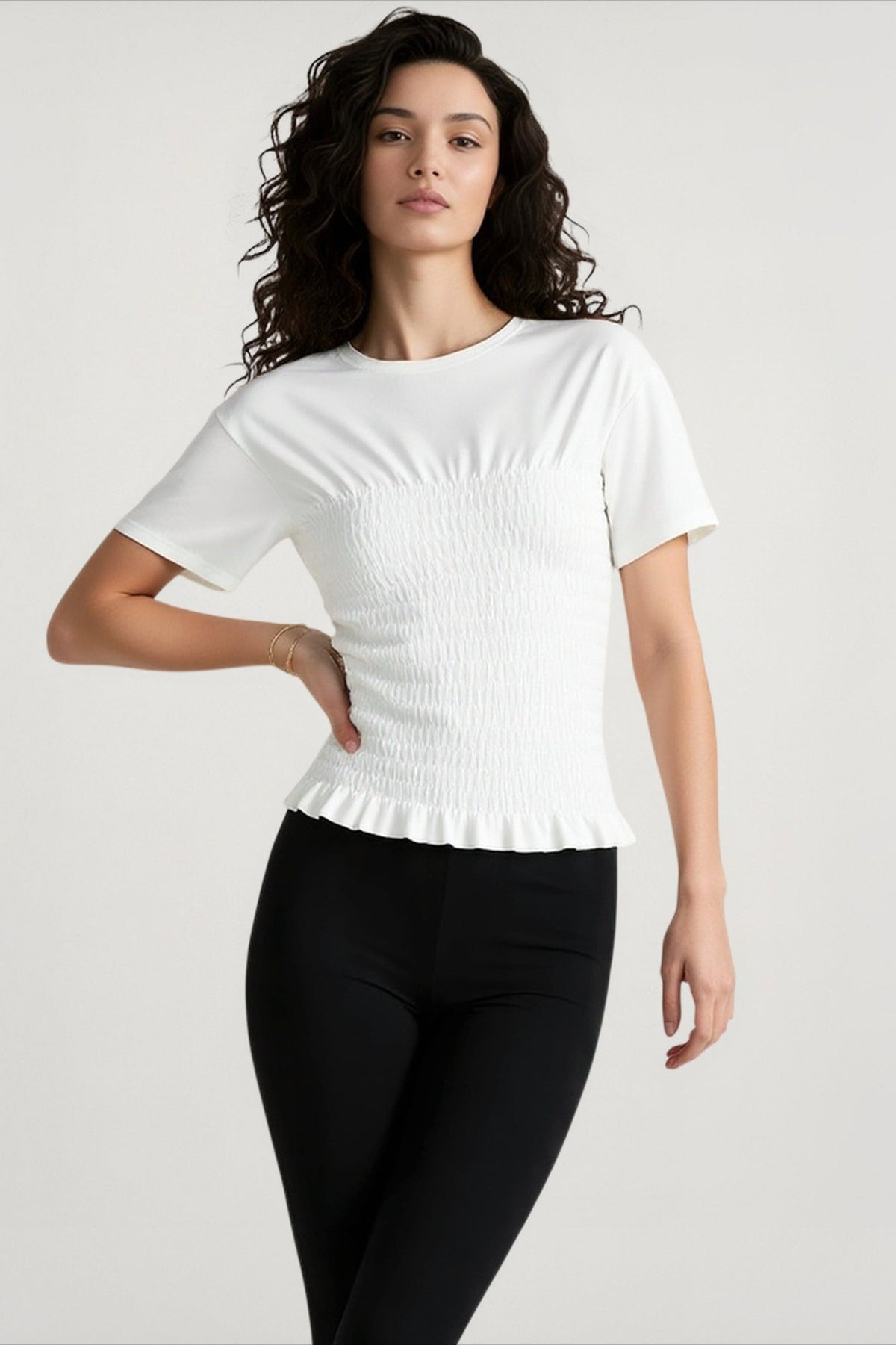 Crew Neck Short Sleeve Shirred Peplum Top
