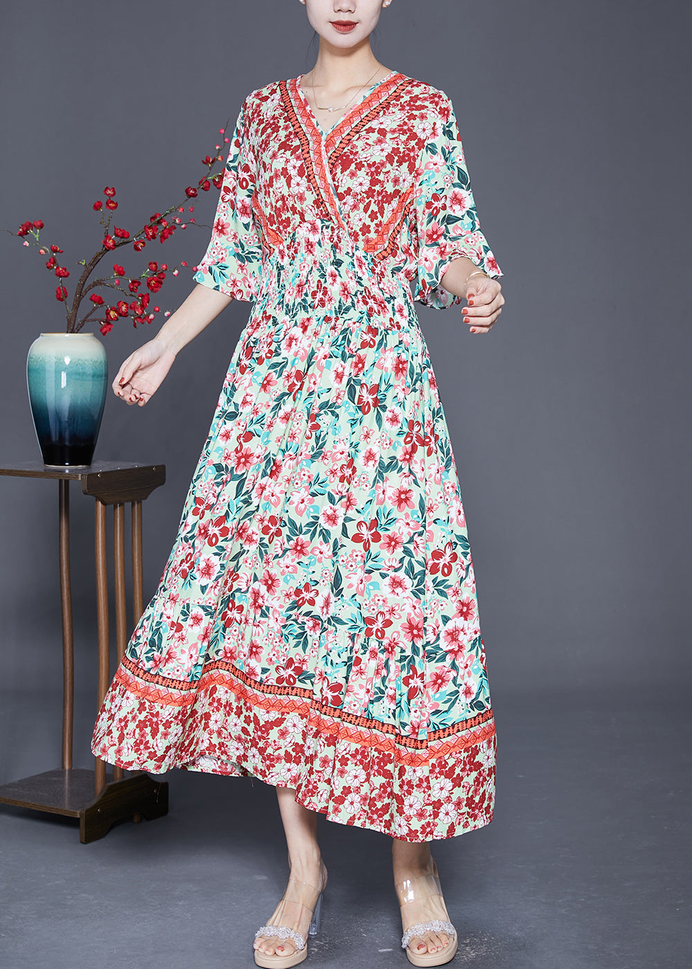 V-Neck Butterfly Sleeve Smocked Waist Border Print Maxi Dress