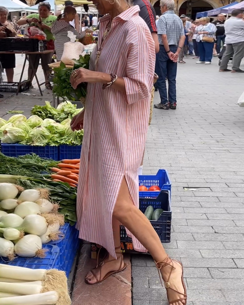 Striped Button Down Collared Three Quarter Maxi Shirt Dress - View 2