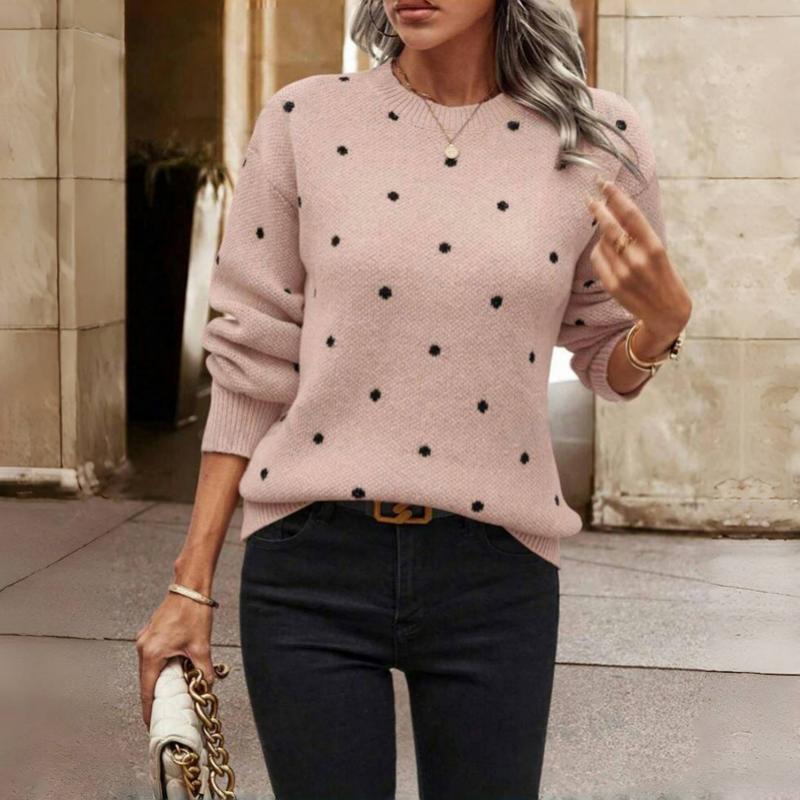 Crew Neck Long Sleeve Polka Dot Knit Sweater 5