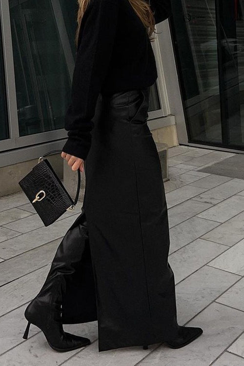 High Slit PU Leather Bodycon Skirt