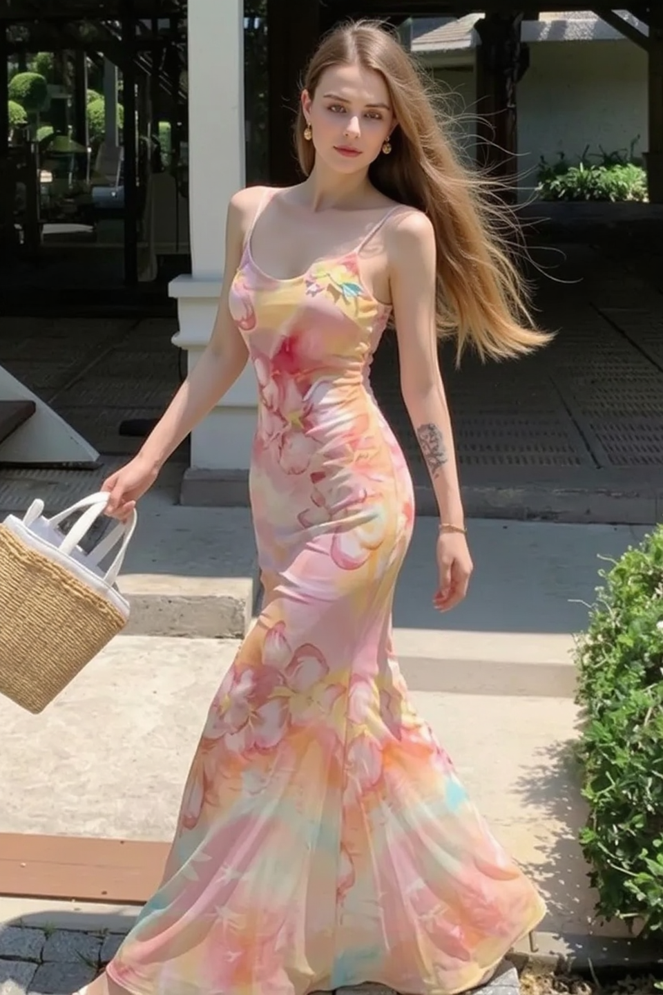 Watercolor Floral Scoop Neck Spaghetti Strap Satin Slip Maxi Dress 2