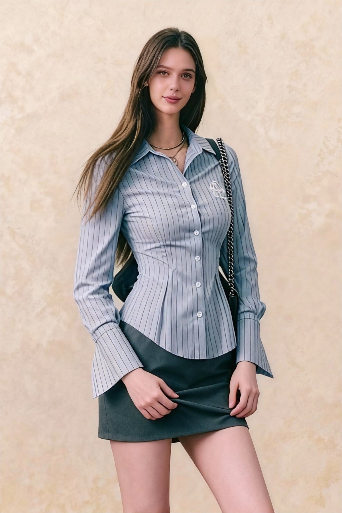 Embroidered Striped Slim Lapel Blouse