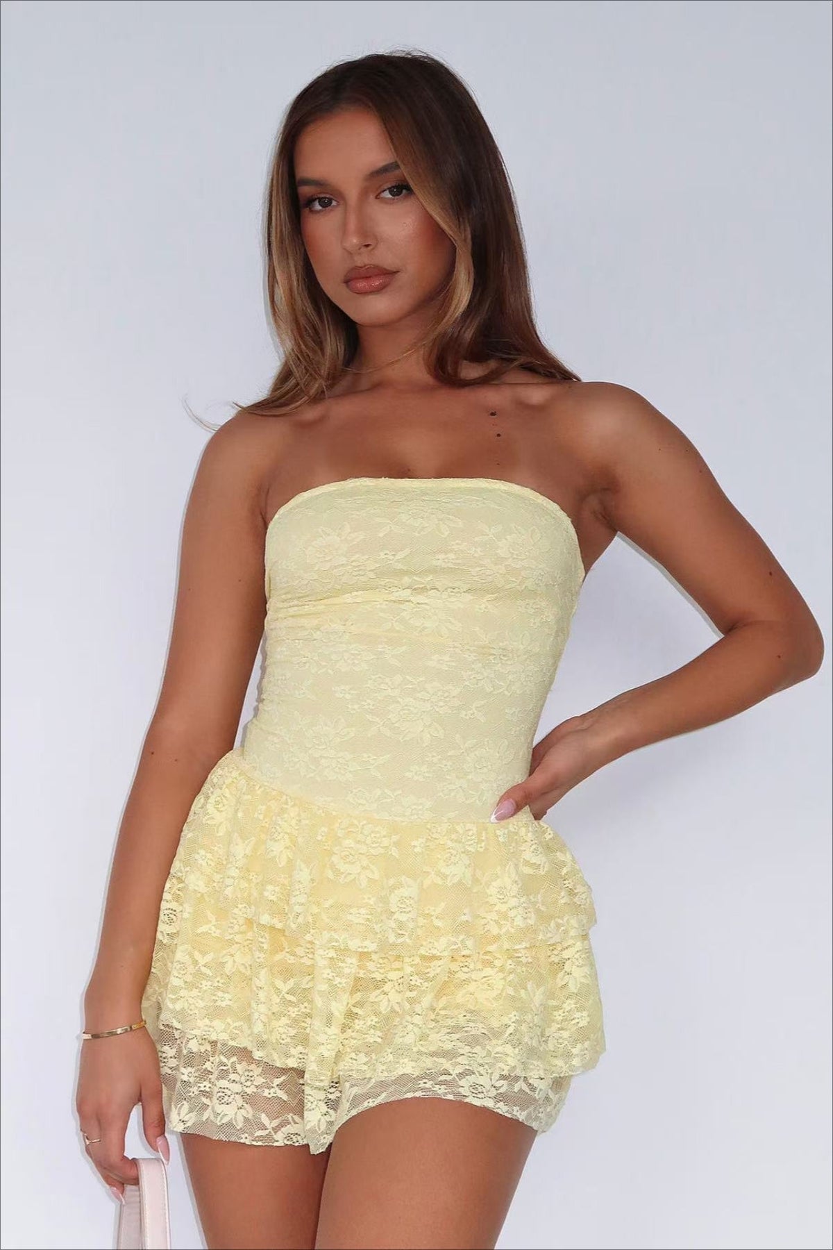 Strapless Waist Tie Lace Dress in Yellow