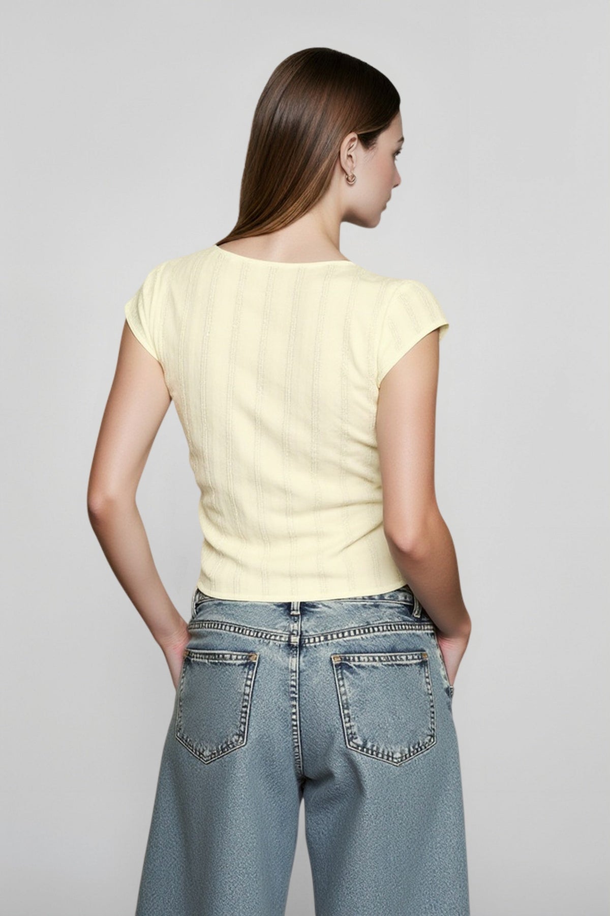 Deep V-Neck Cap Sleeve Lace Trim Button Front Top 7