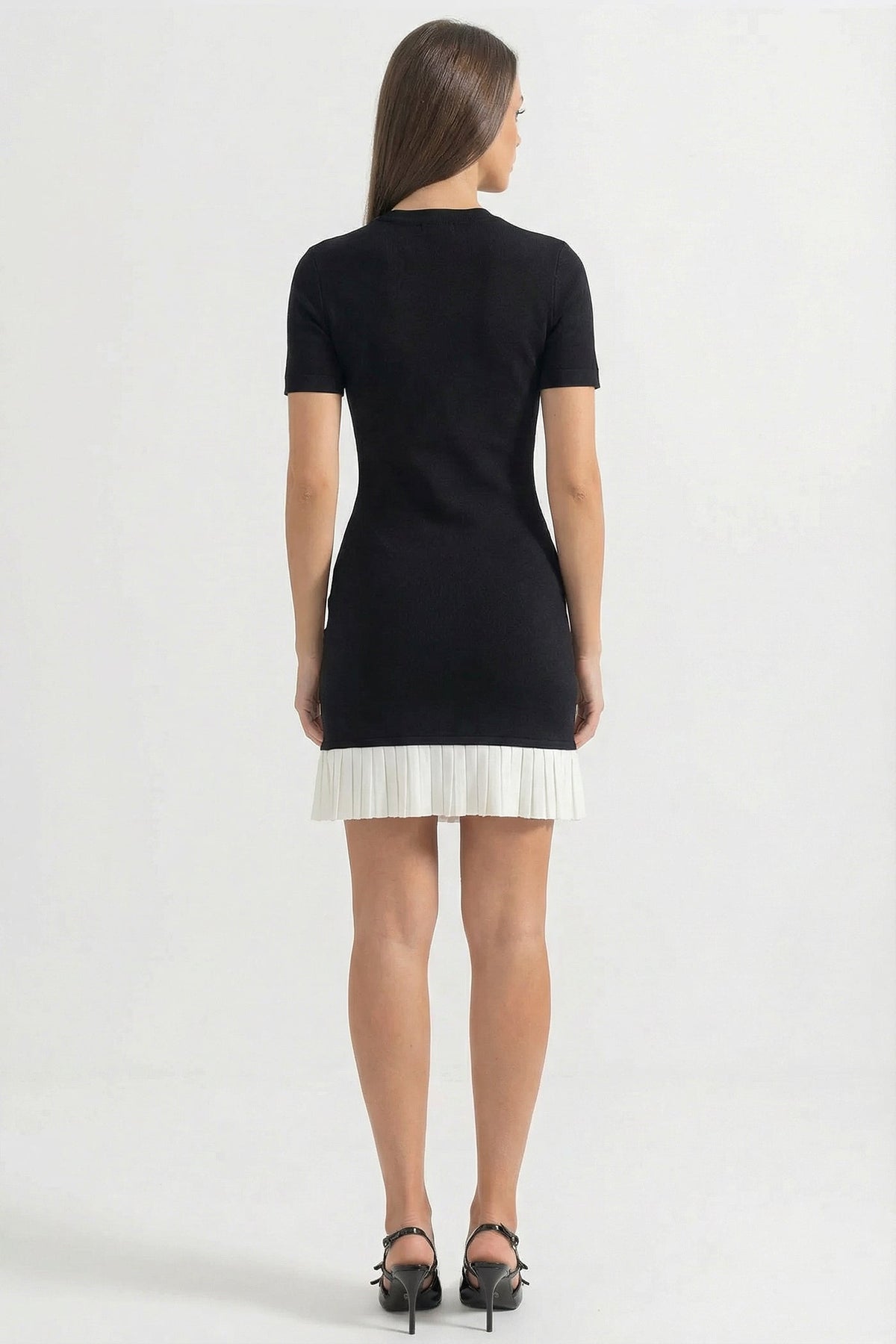 Ribbed Knit Short Sleeve Button Front Contrast Pleated Mini Dress - View 6