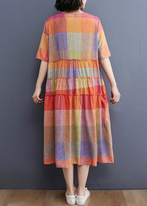 Plaid Print Crew Neck Short Sleeve Tiered Ruffle Oversized Midi Dress - View 5