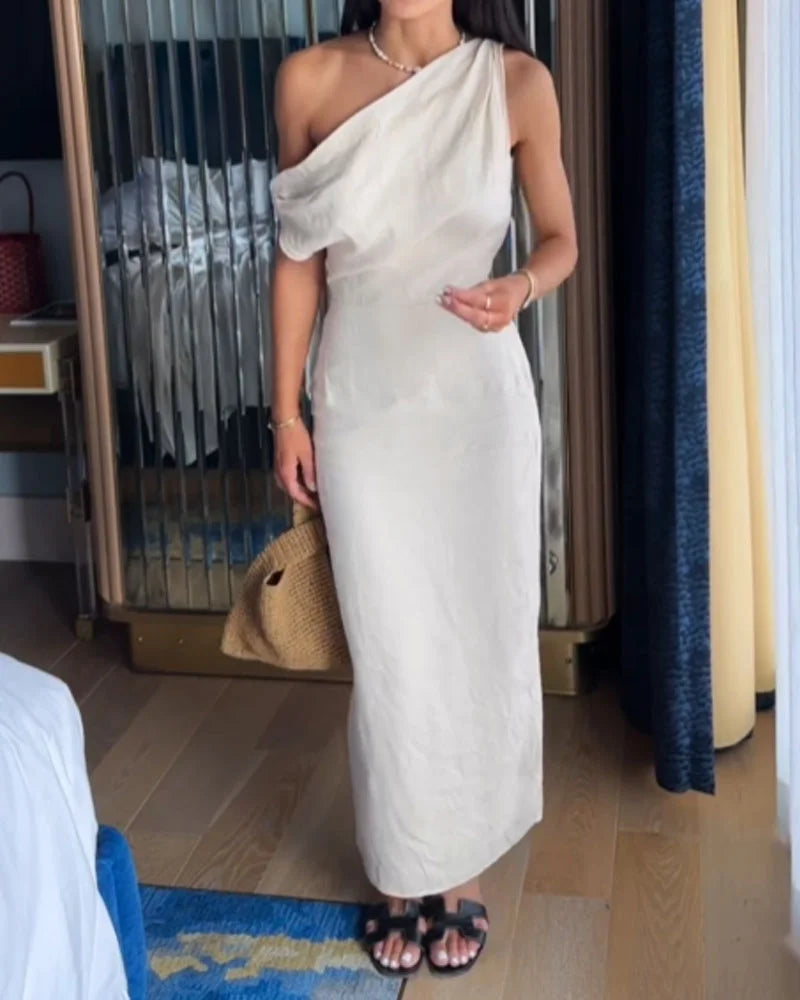 One Shoulder Draped Column Maxi Summer Dress