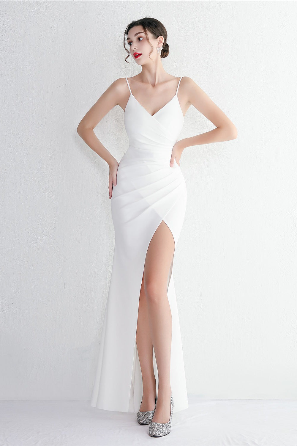 Satin Spaghetti Strap V-Neck Ruched High Split Maxi Gown