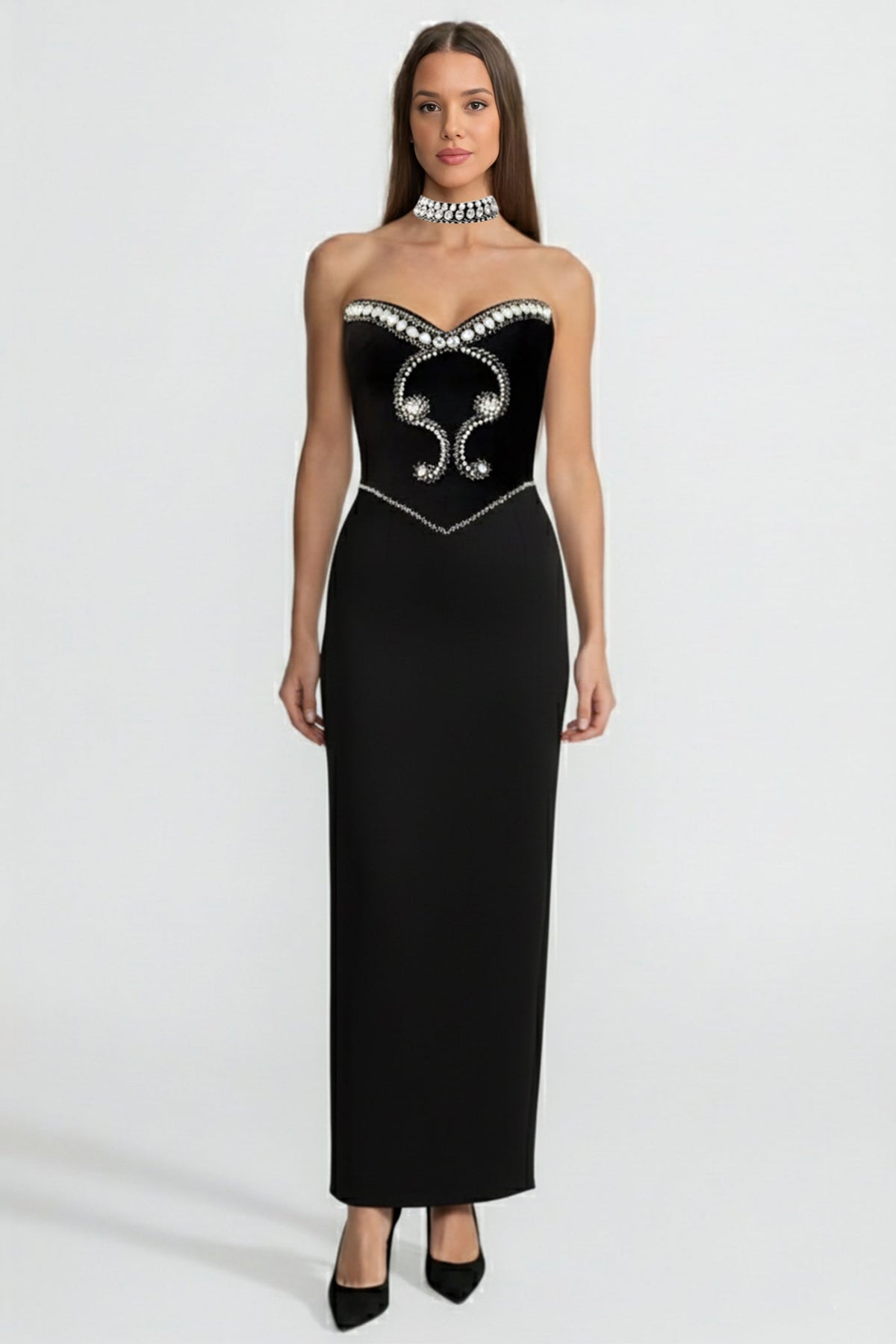 Velvet Pearl Rhinestone Sweetheart Strapless Column Maxi Gown