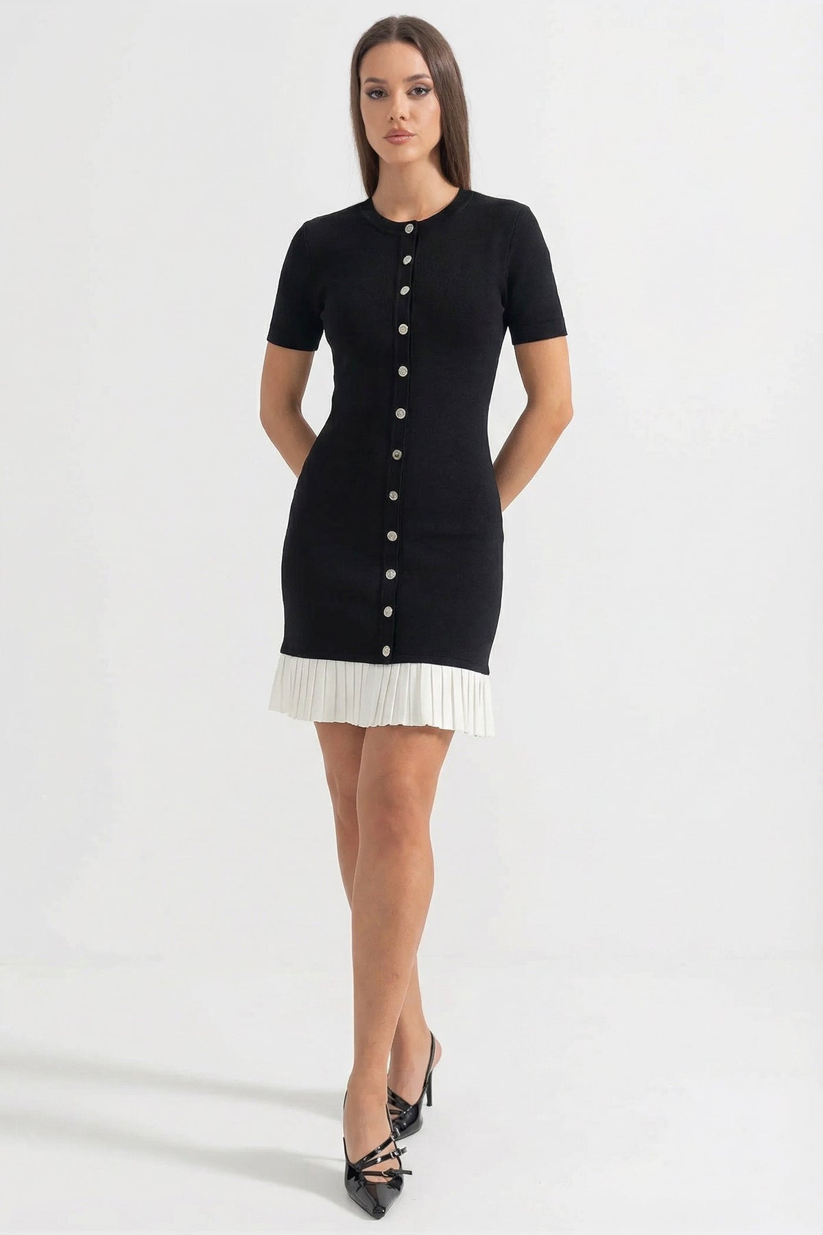 Ribbed Knit Short Sleeve Button Front Contrast Pleated Mini Dress - View 3