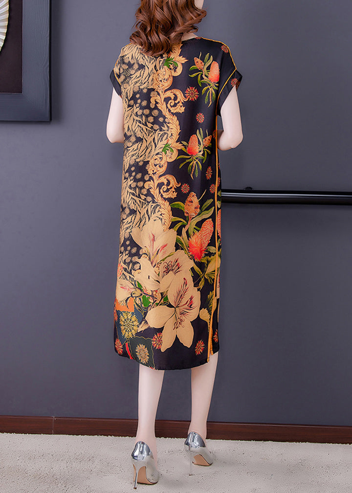 Ornamental Floral Print V-Neck Cap Sleeve Piped Shift Midi Dress - View 4