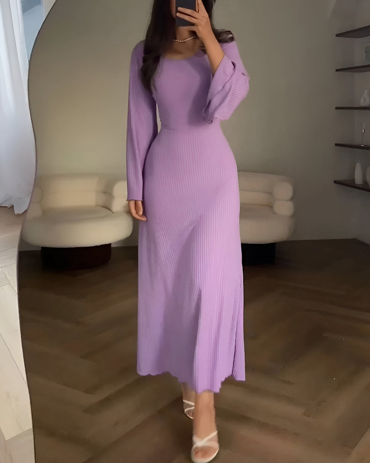 Scoop Neck Bell Sleeve Ribbed Knit Bodycon Maxi Dress - View 4