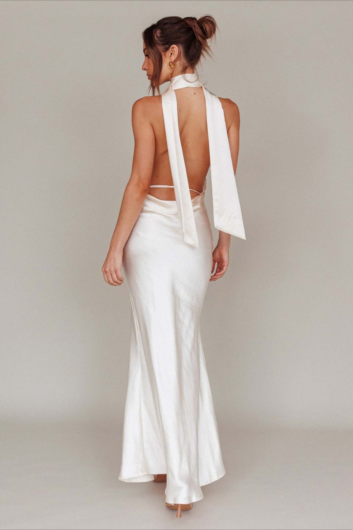 Satin Halter Neck Deep V-Neck Backless Slip Maxi Dress - View 4