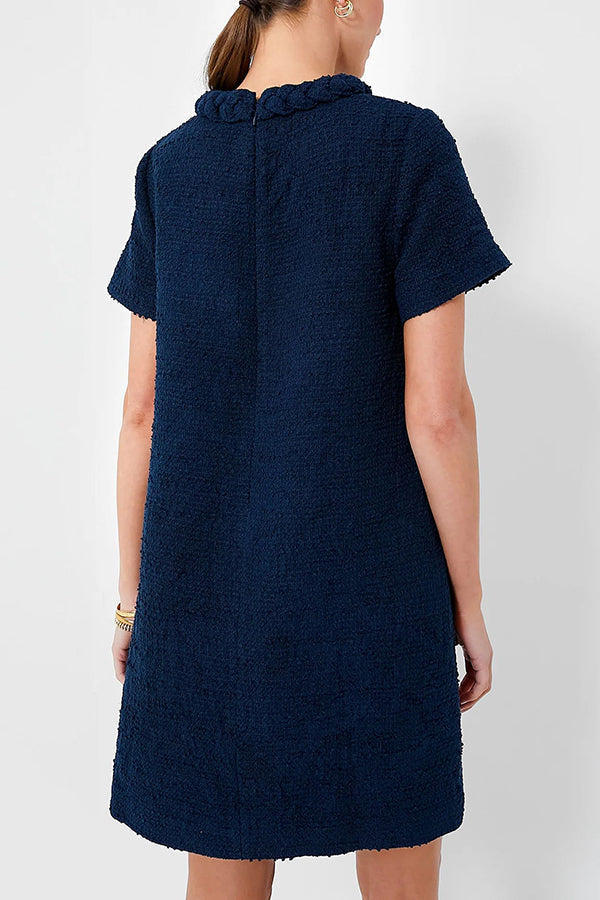 Tweed Braided Trim Faux Pocket Metallic Button Shift Mini Dress - View 20