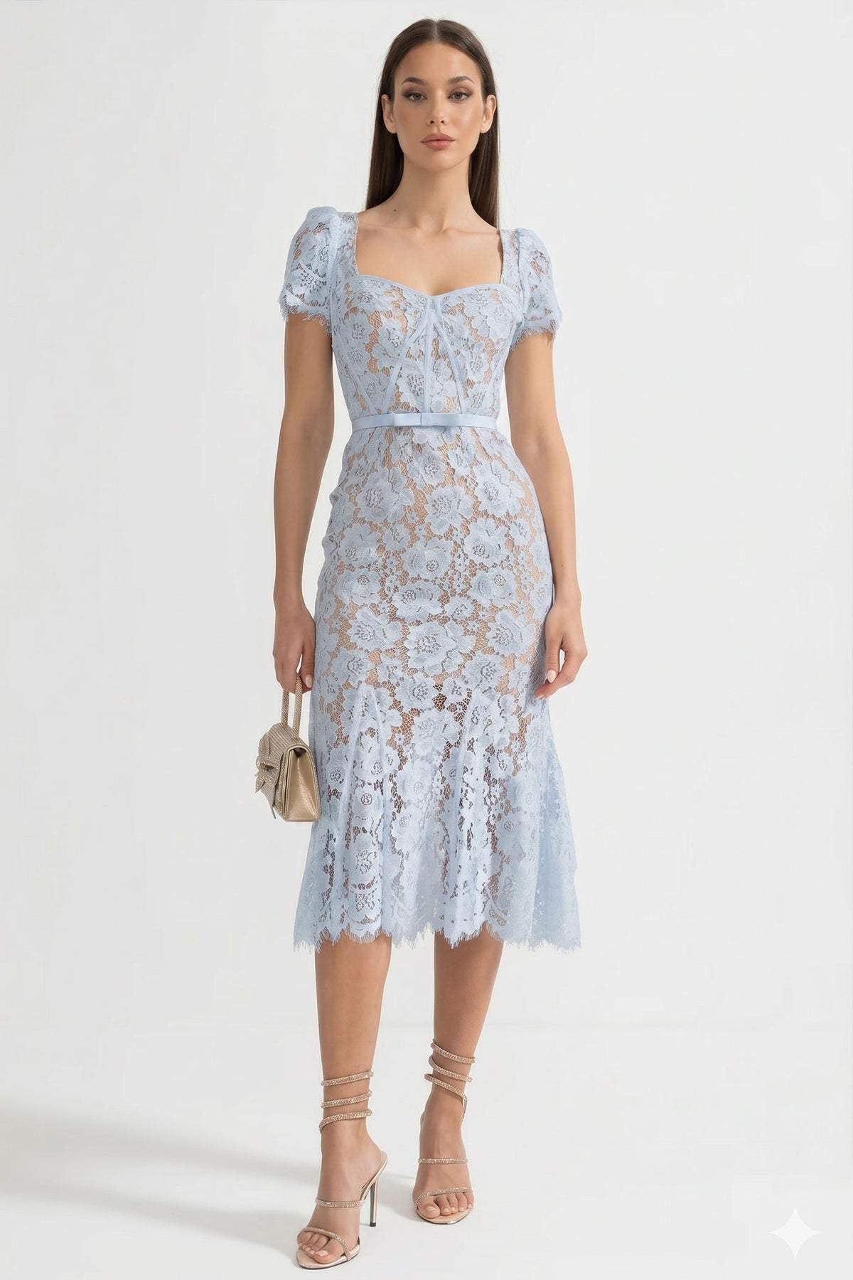 Lace Short Sleeve Sweetheart Corset Belted Trumpet Ruffle Midi Dress