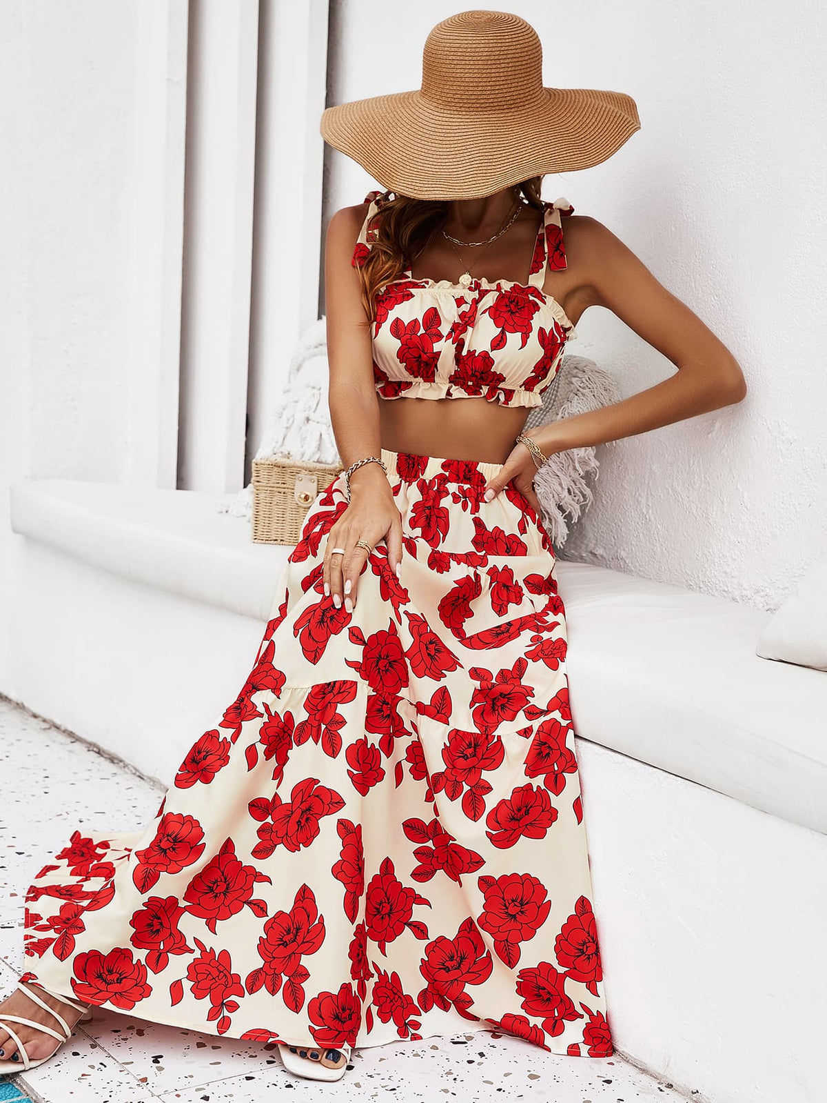 Skirt Tie Tiered Top With Full-Length Flowered Shoulder
