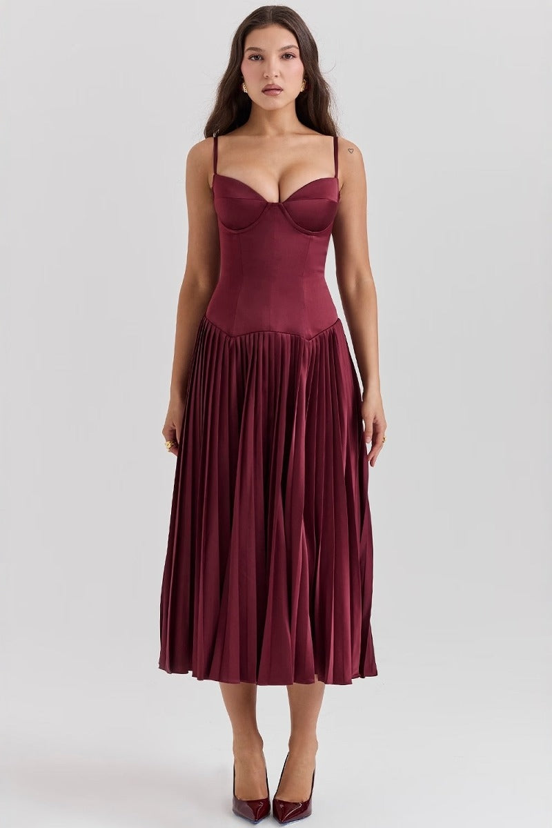 Spaghetti Strap Sweetheart Corset Knife Pleated Satin Midi Dress - View 3