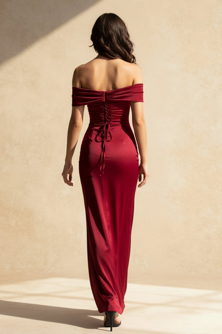 Off Shoulder Ruched Satin Column Maxi Dress 4