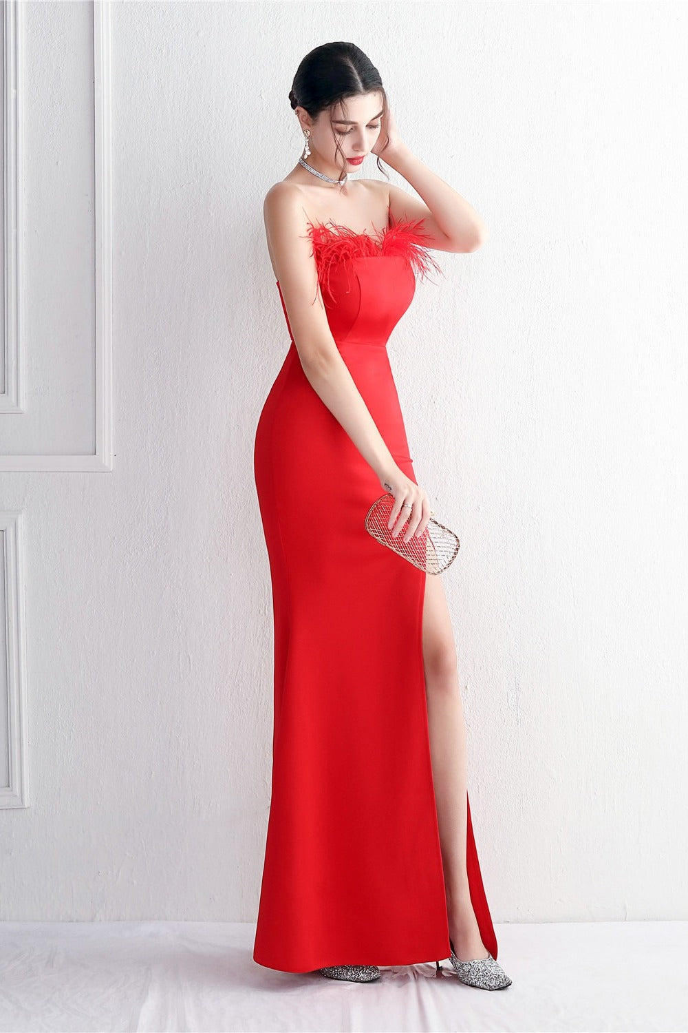 Feather Trim Strapless High Split Mermaid Gown - View 22