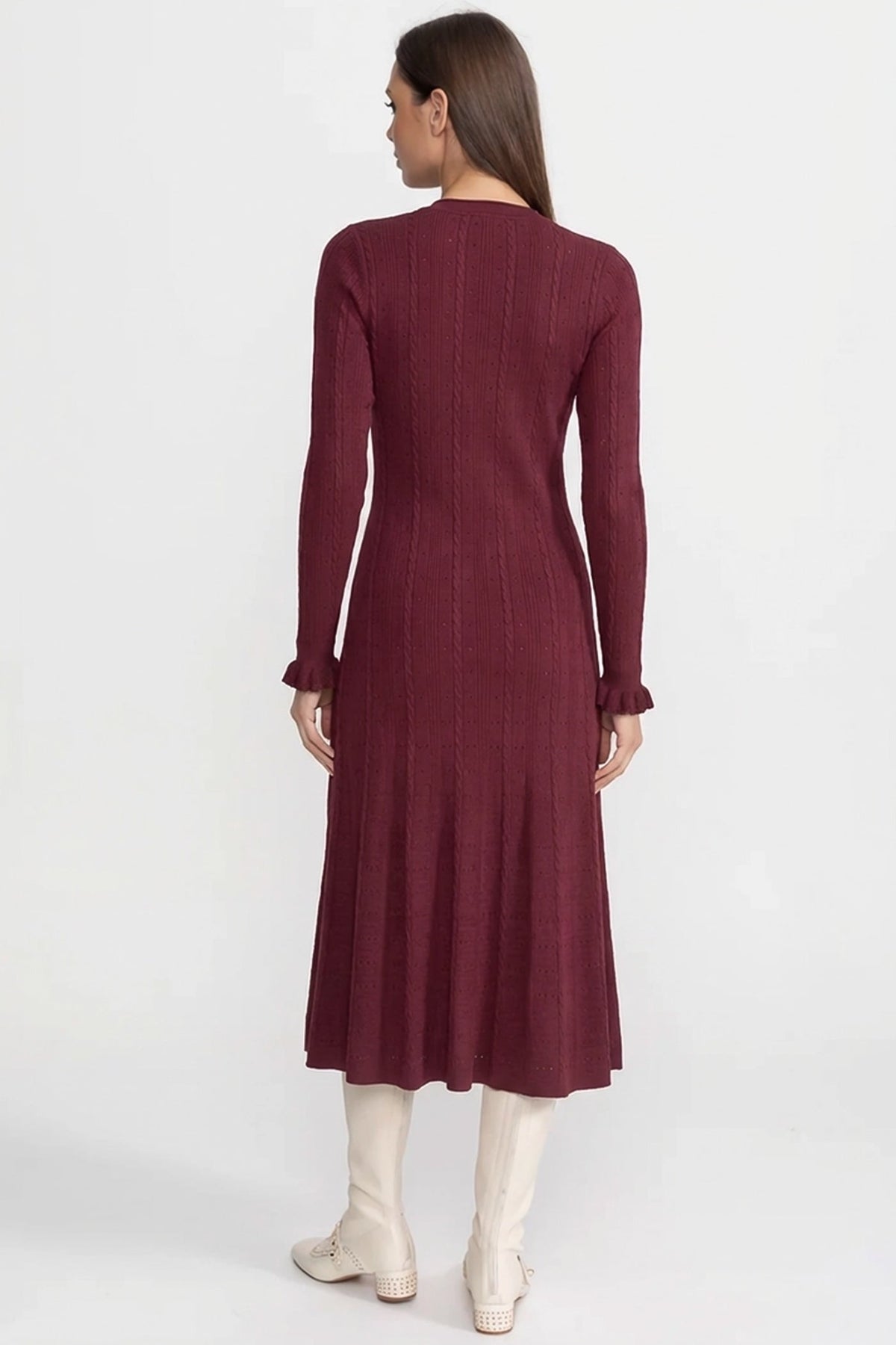 Knit Button-Front Midi Dress with Pointelle Detailing – Burgundy - View 3