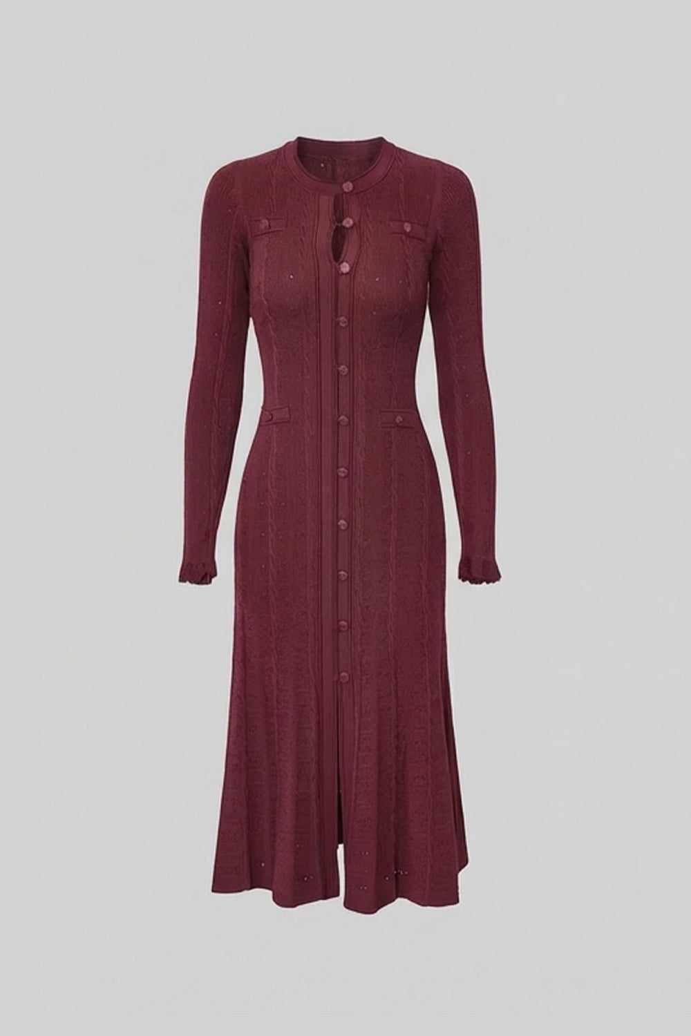 Knit Button-Front Midi Dress with Pointelle Detailing – Burgundy - View 2