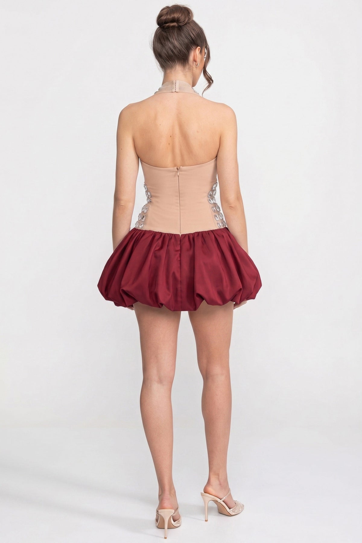 Crystal-Embellished Halter Mini Dress With Bubble Skirt - Red - View 6