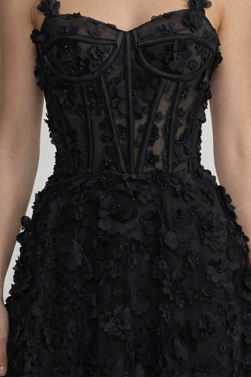 Floral Appliqué Maxi Dress With Corset Bodice - Black - View 6