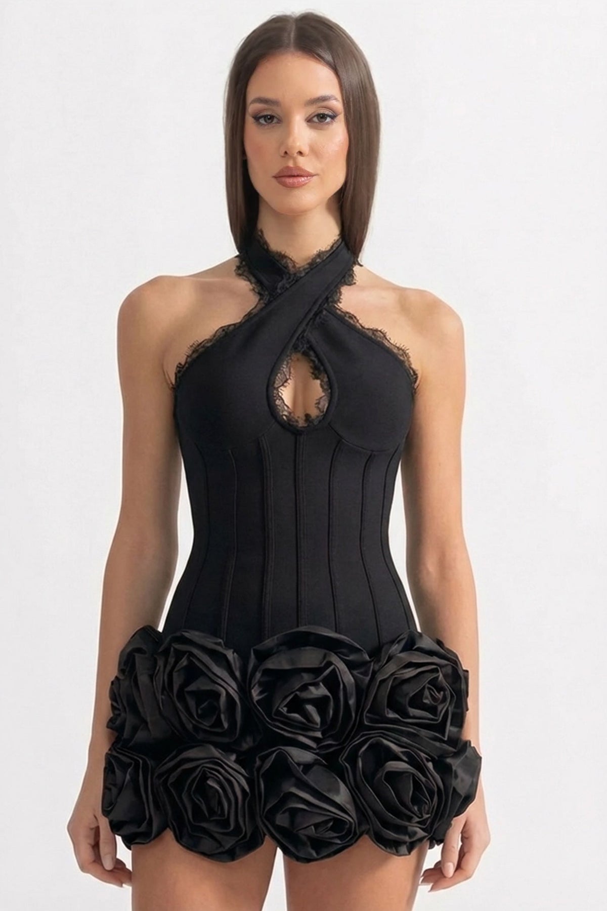 Halter Corset Mini Dress with 3D Rose Hem – Black