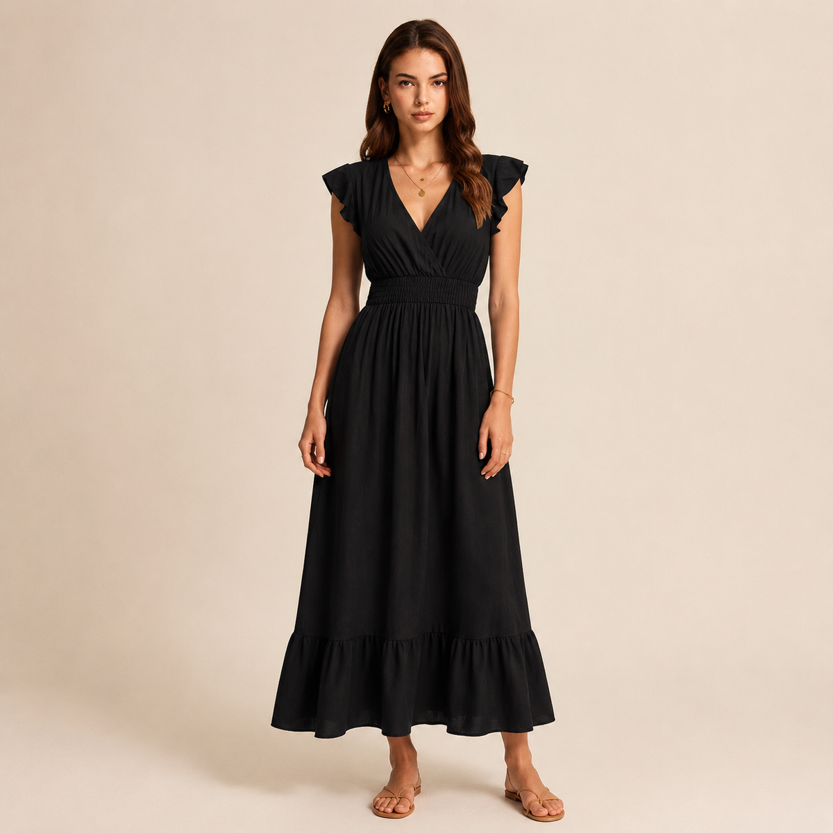 V-Neck Flutter Sleeve Shirred Waist Tiered Maxi Dress