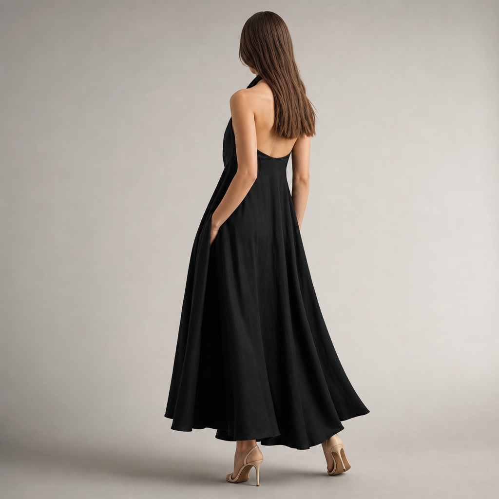 Halter V-Neck Sleeveless A-Line Linen Maxi Dress 3