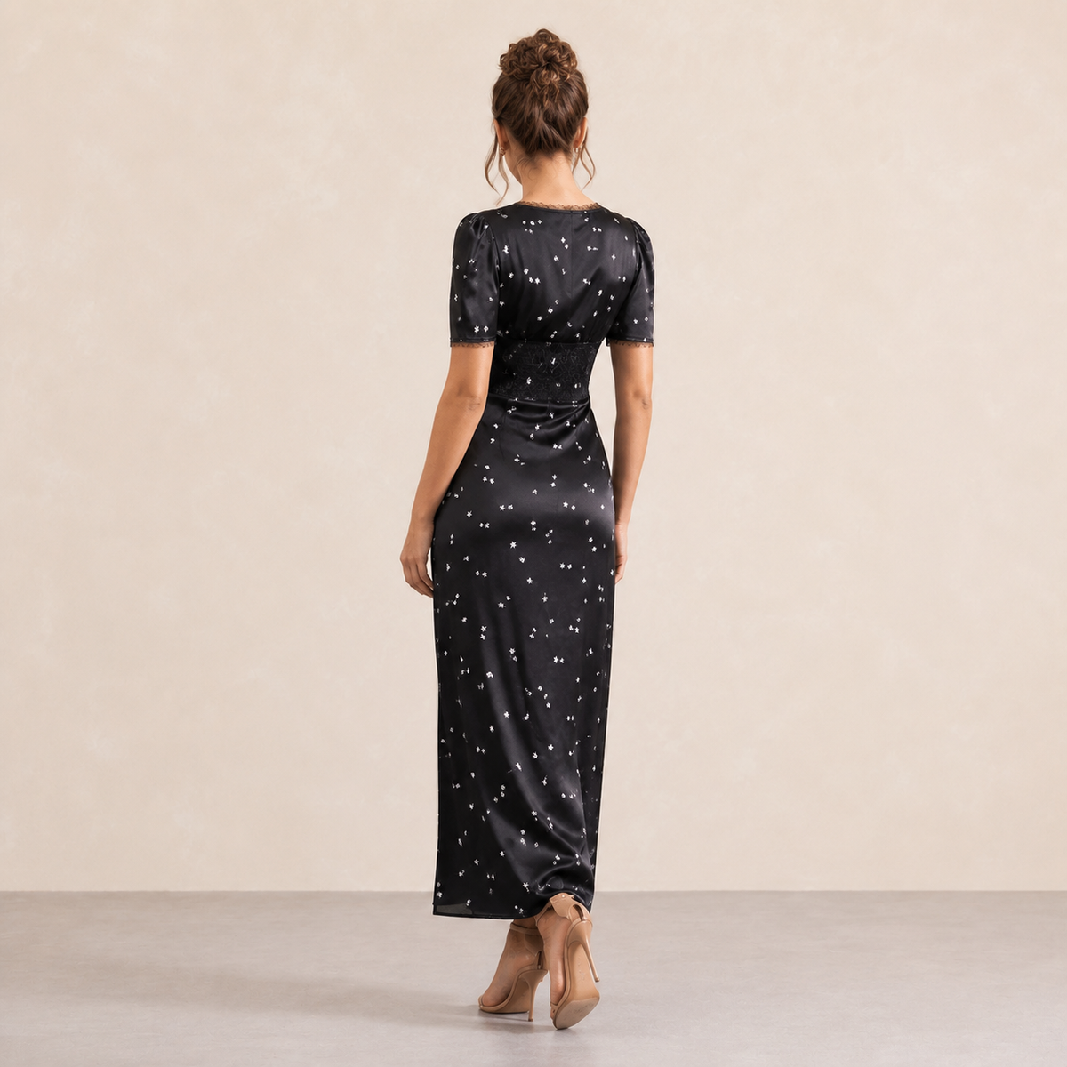 Ditsy Floral V-Neck Lace Trim Satin Maxi Dress 3