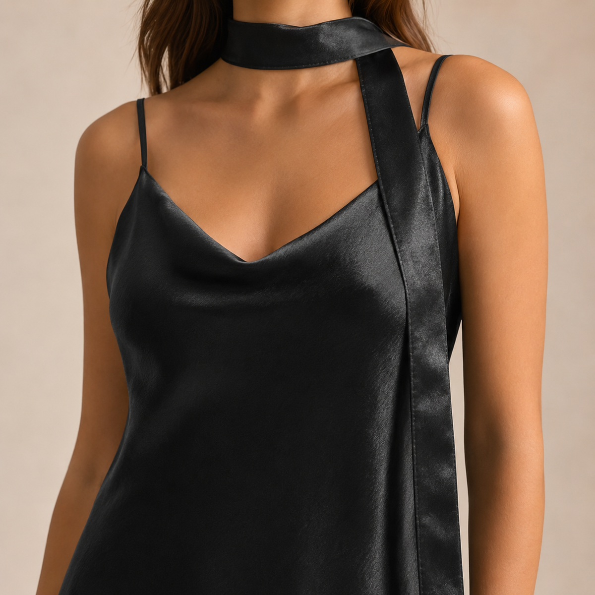 Scarf Neck V-Neck Satin Bias Slip Maxi Dress 2