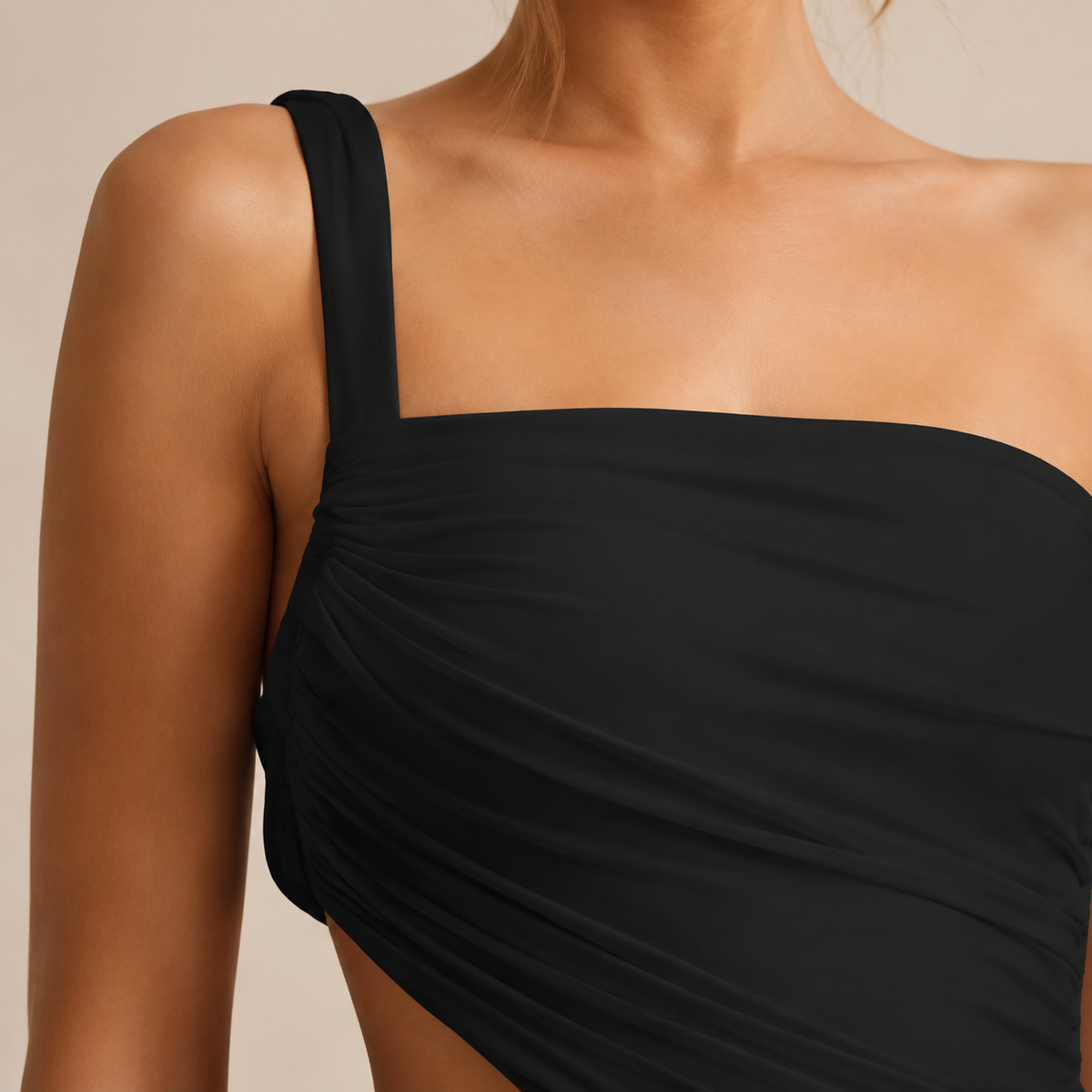 One Shoulder Waist Cut Out Ruched Fishtail Maxi Dress 2