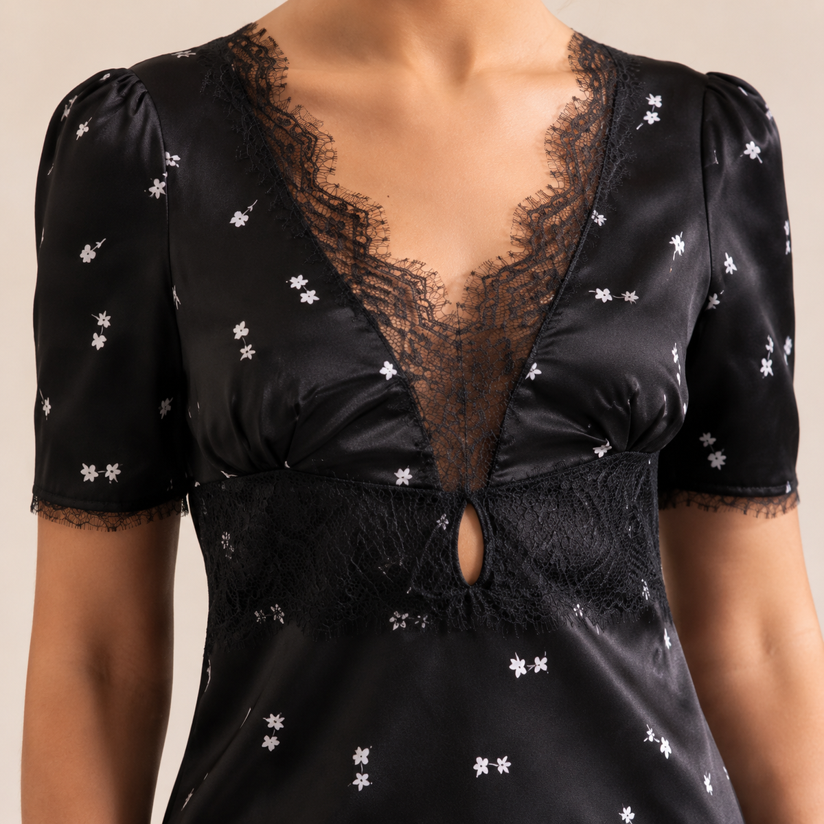 Ditsy Floral V-Neck Lace Trim Satin Maxi Dress 2