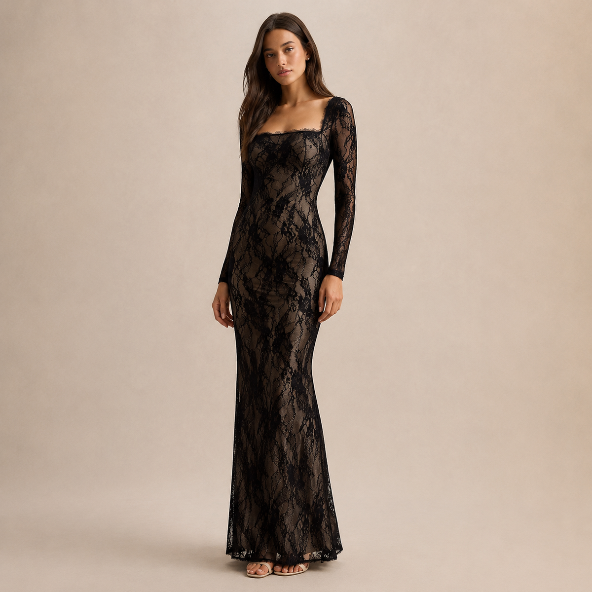 Floral Lace Square Neck Long Sleeve Fishtail Maxi Gown 4
