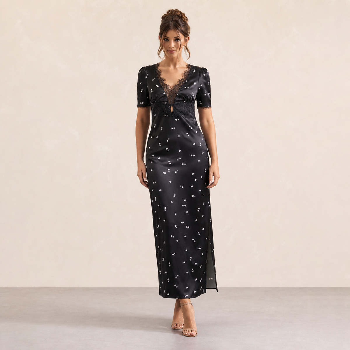Ditsy Floral V-Neck Lace Trim Satin Maxi Dress