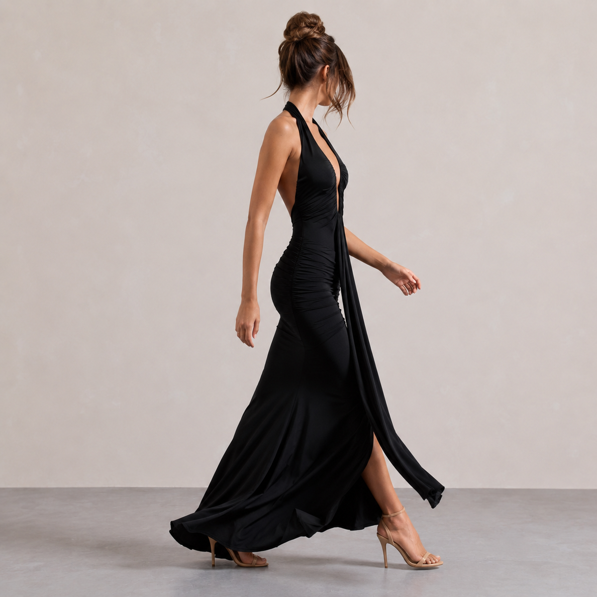 Plunge Halter Neck Ruched Draped Mermaid Maxi Gown 4