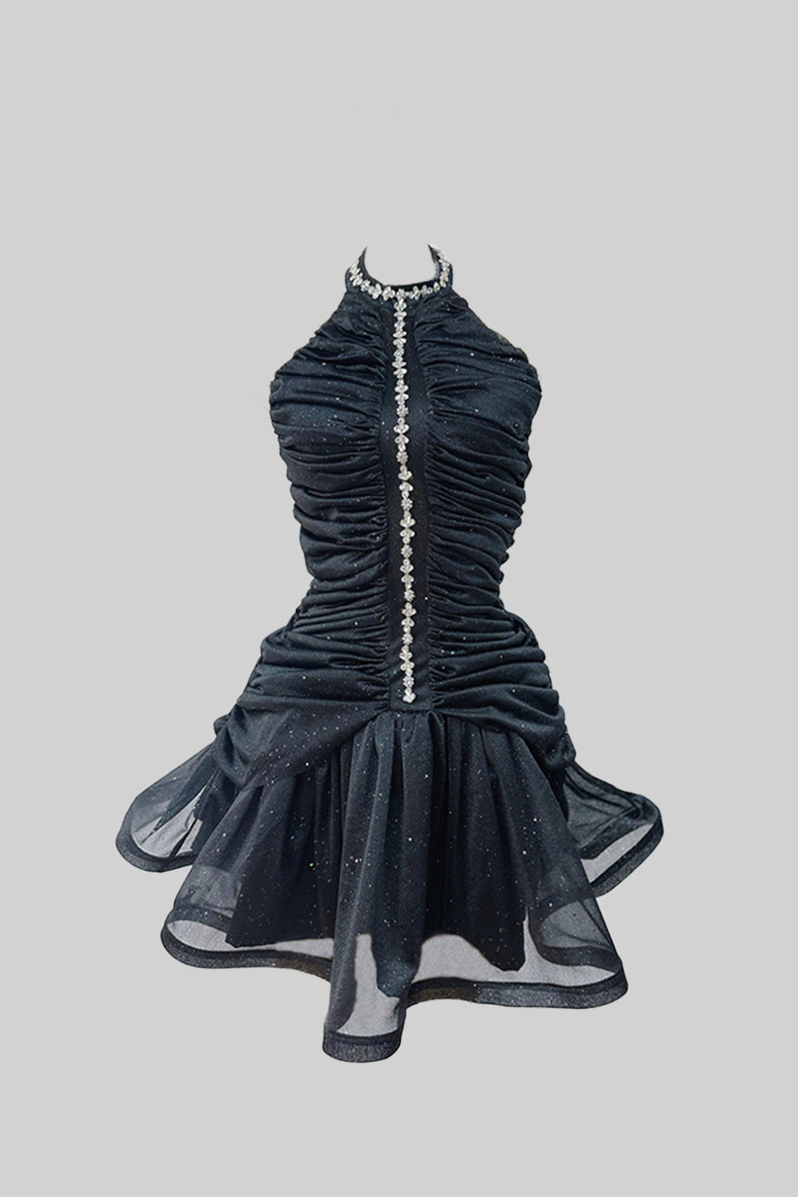 Halter Neck Rhinestone Trim Ruched Glitter Ruffle Hem Mini Dress - View 2