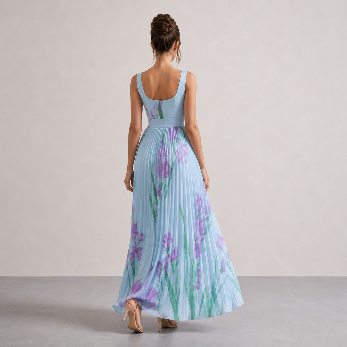Square Neck Belted Floral Pleated Maxi Dress 9