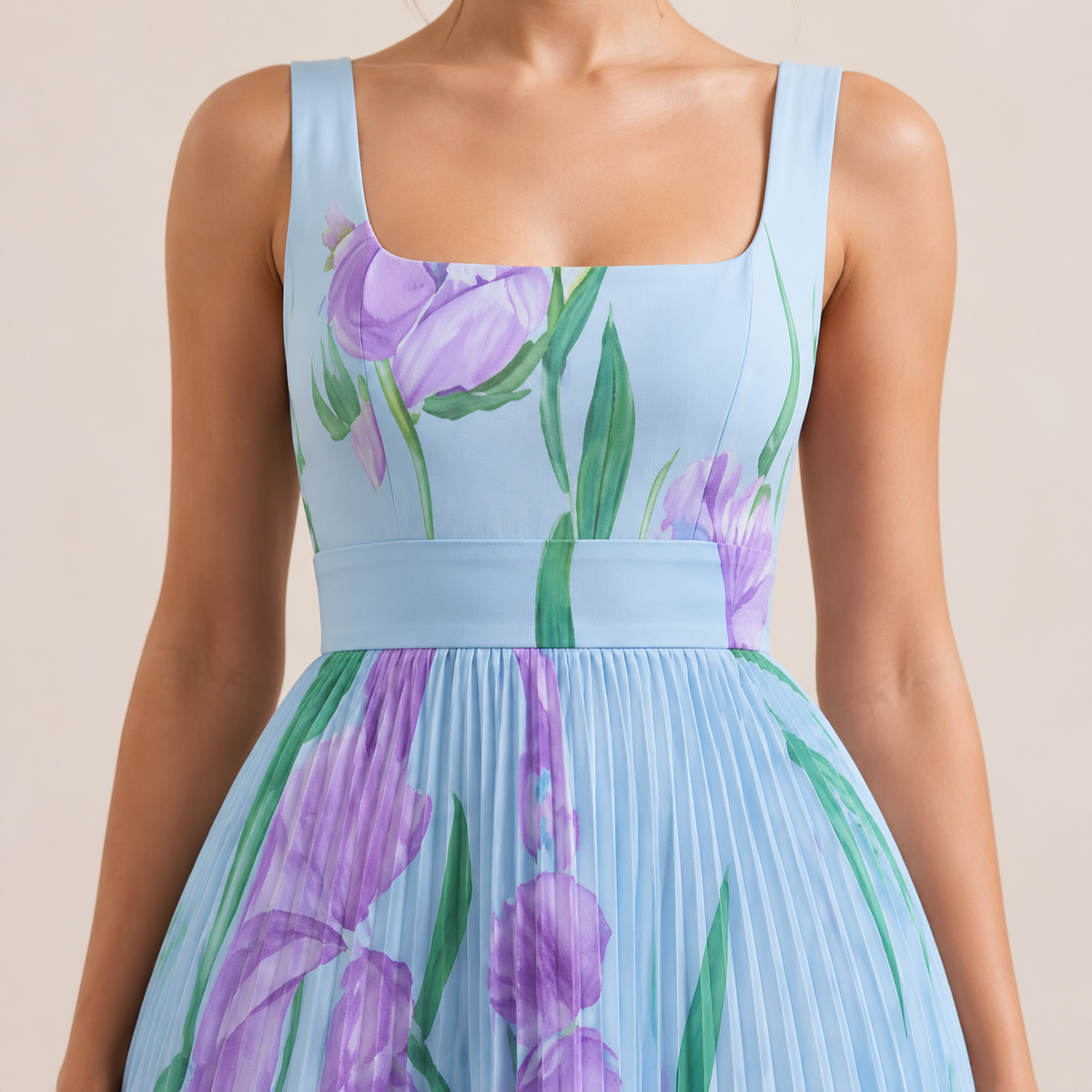 Square Neck Belted Floral Pleated Maxi Dress 8