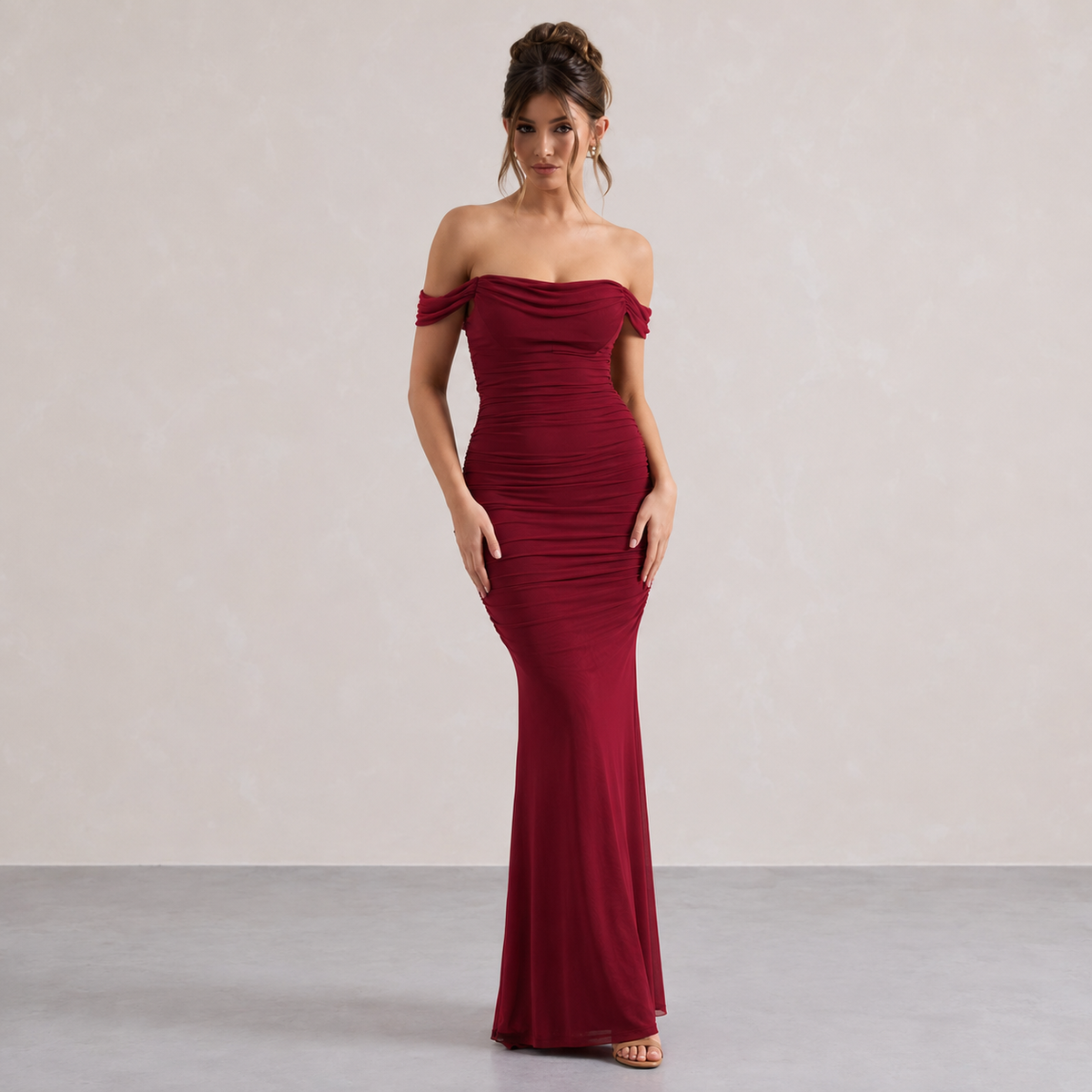 Off Shoulder Ruched Fishtail Maxi Gown 10