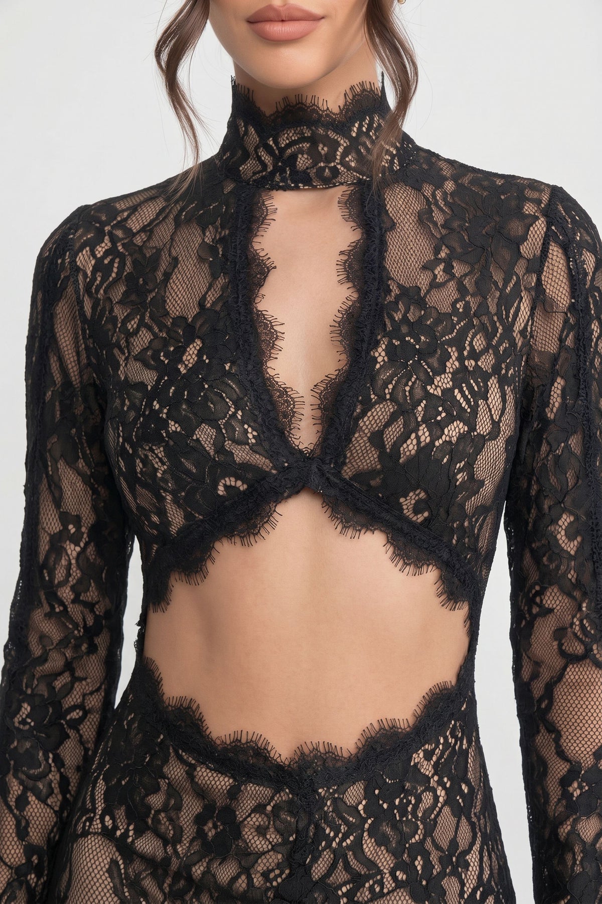 Lace High Neck Cut Out Long Sleeve High Split Maxi Gown - View 4