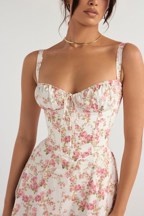 Floral Print Sweetheart Bustier Spaghetti Strap High Split Midi Dress - View 6