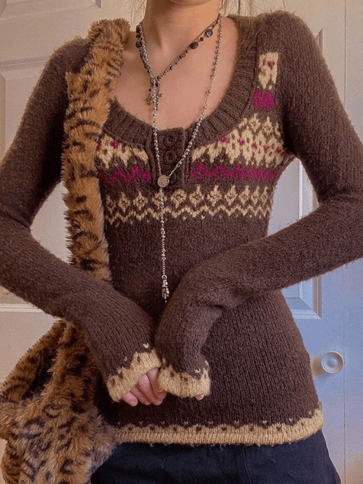Button Front Jacquard Knitted Sweater Brown / S Sweaters