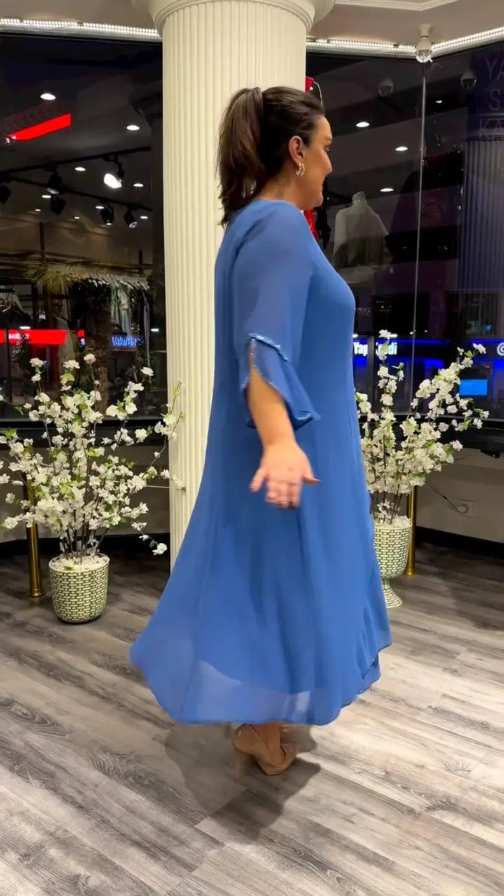 Crew Neck Three Quarter Sleeve Floral Applique A-Line Midi Dress - View 9