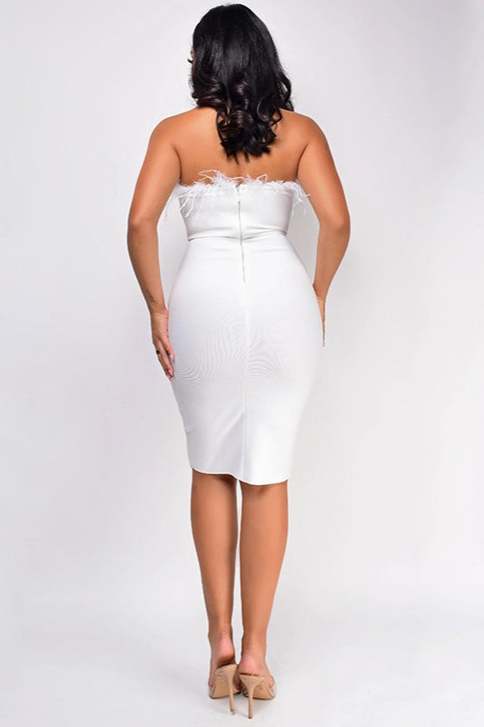 Solid Backless Sleeveless Feather Strapless Bodycon Cocktail Dress - View 2