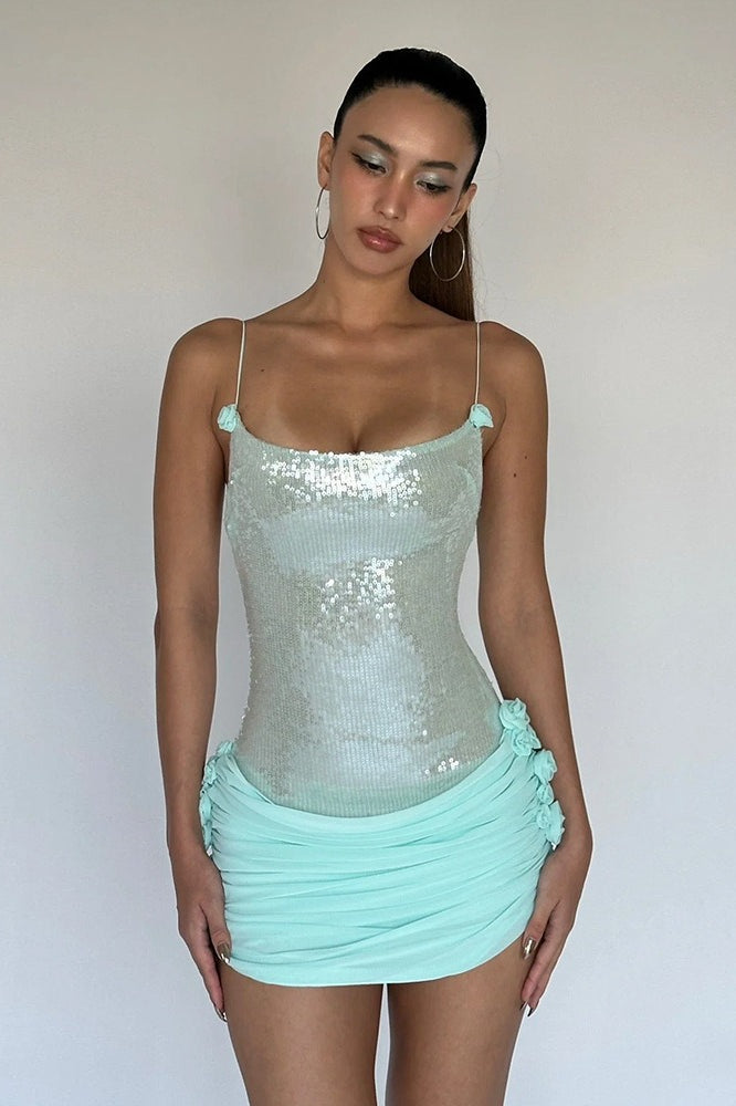Sequin Scoop Neck Ruched Rosette Bodycon Mini Dress - View 4
