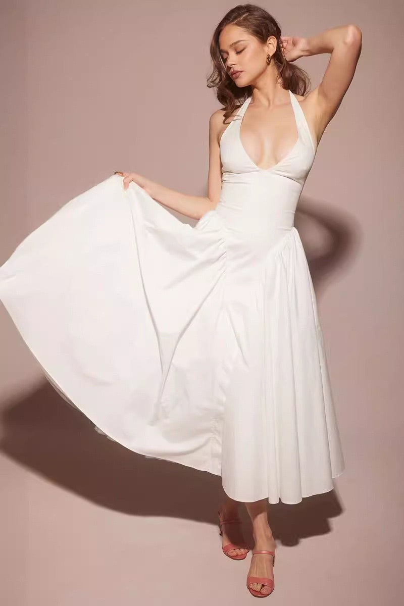 Halter Deep V-Neck Draped Fit and Flare Maxi Summer Dress - View 6
